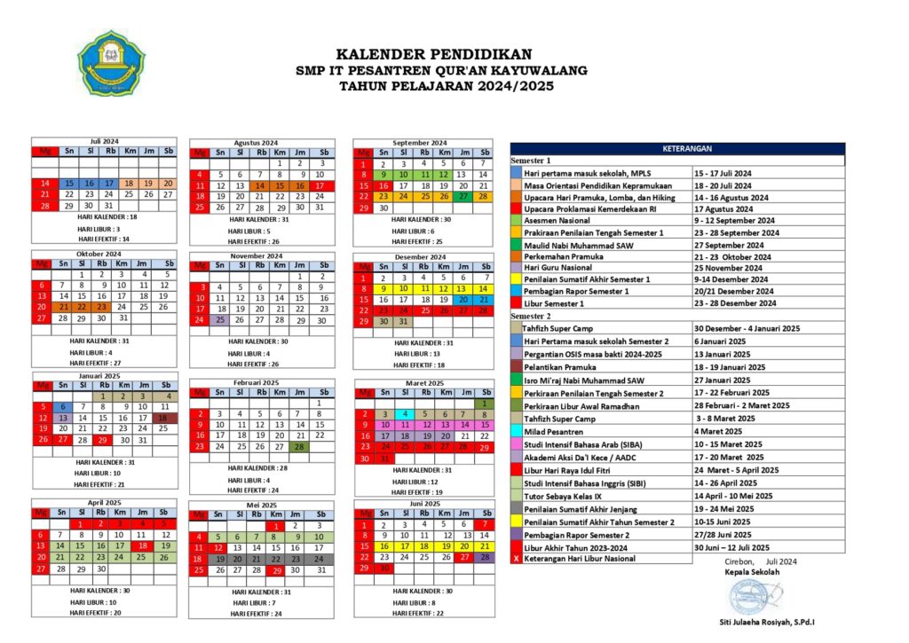 Kalender Pendidikan SMP IT Kayuwalang Tahun Ajaran 2024/2025